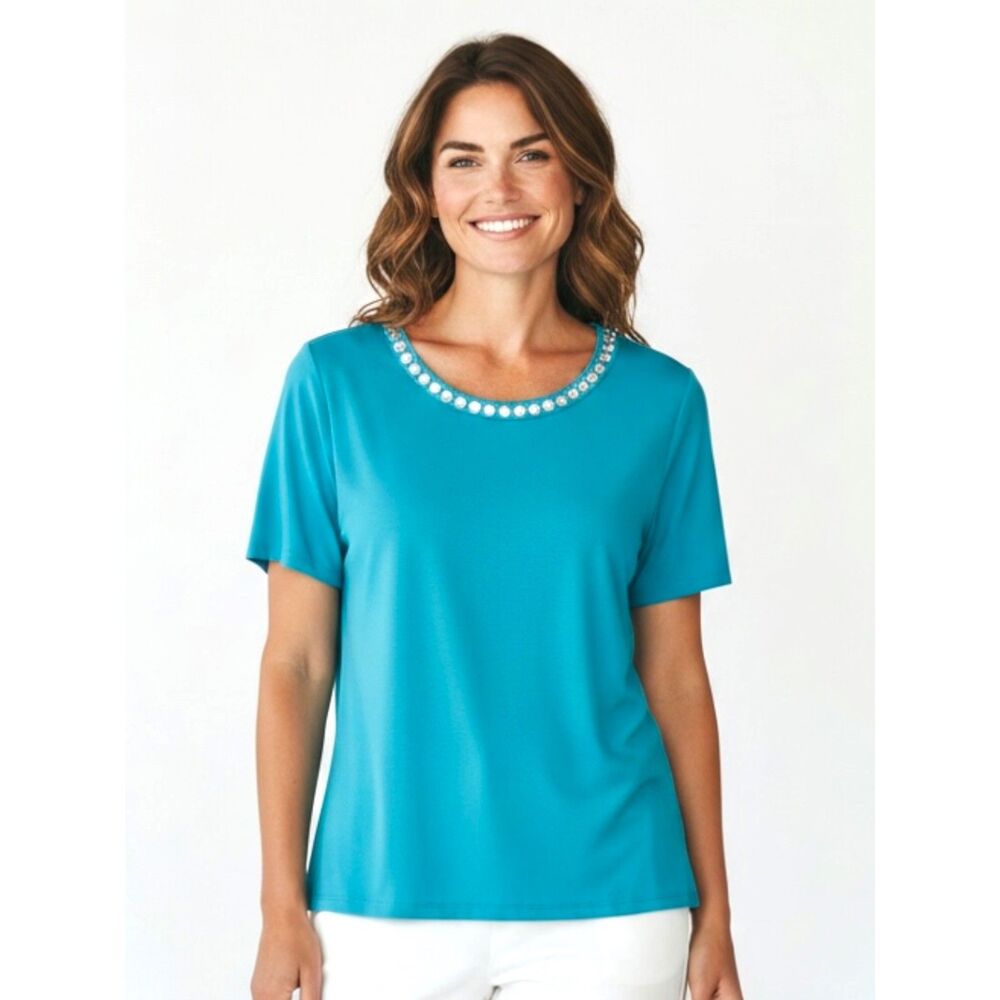 TANJAY Petites Women’s Teal Embellished Scoop Neck Short Sleeves Top Sz 12 P